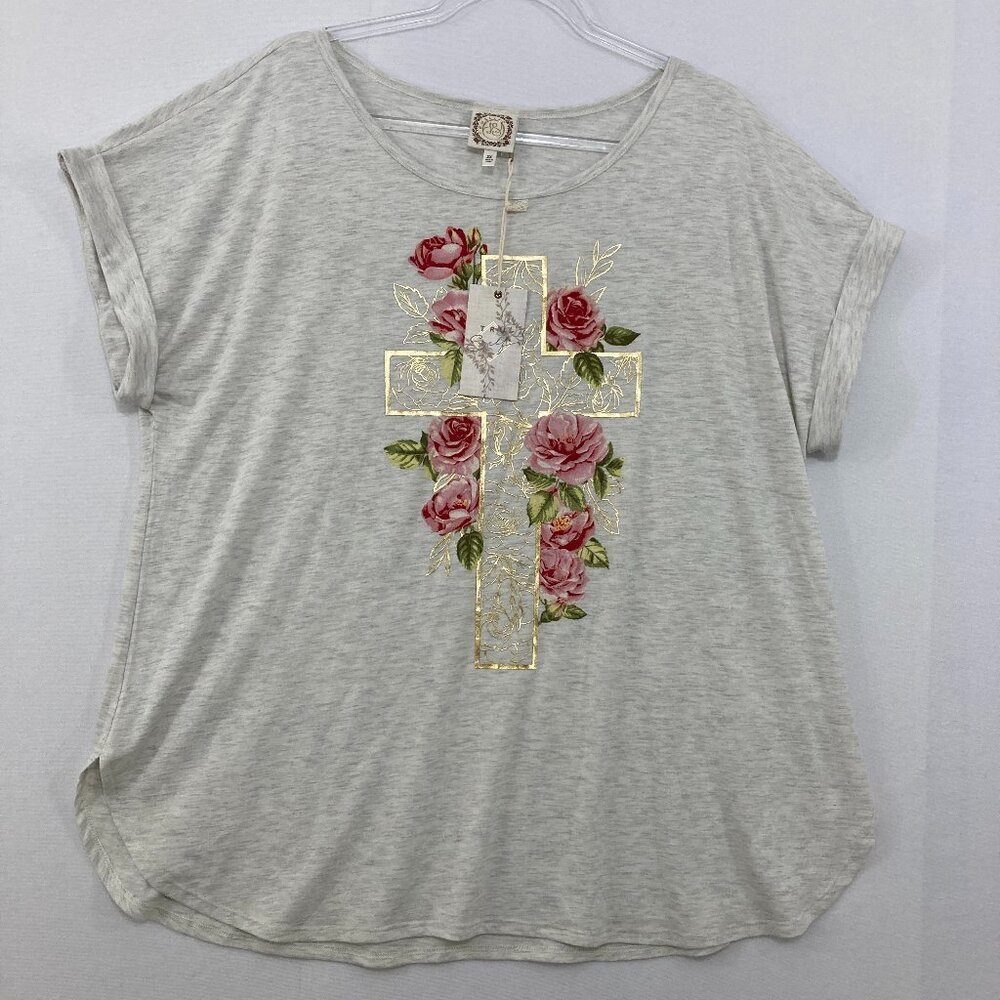 New Tru Self size 2X Light Gray Floral Short Sleeve Stretch Knit Soft Comfy Top‎